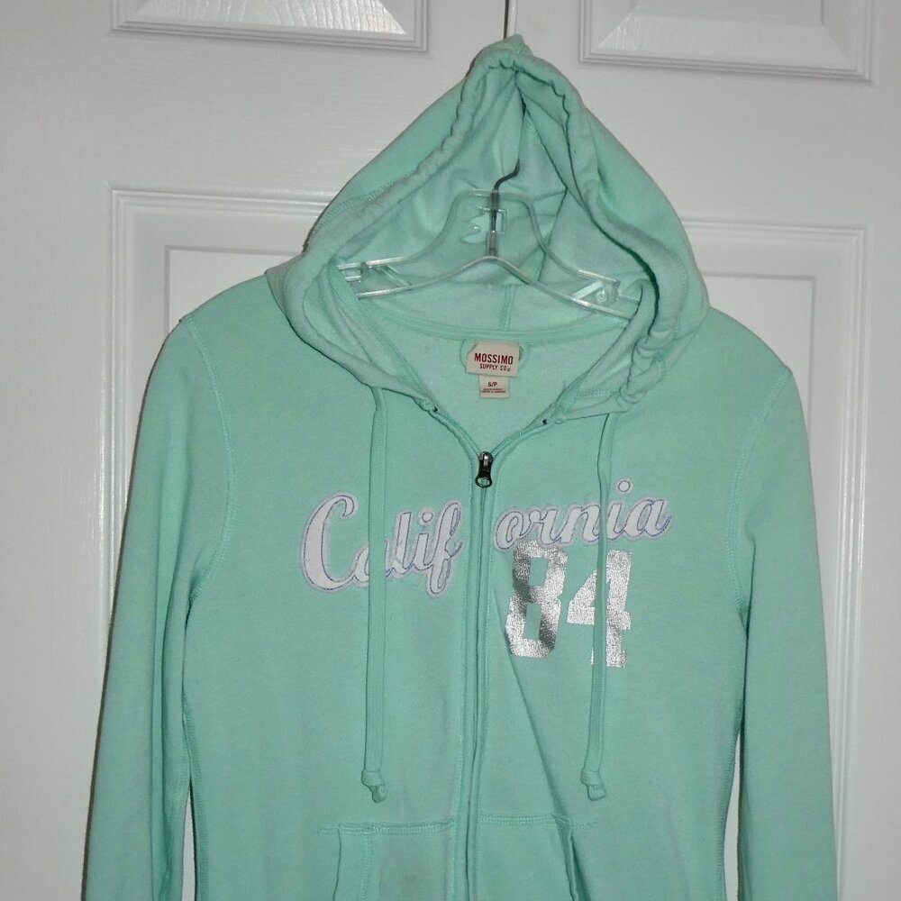VINTAGE MOSSIMO ZIP UP HOODIE JACKET SWEATSHIRT JUNIOR SMALL - CALIFORNIA -GREEN
